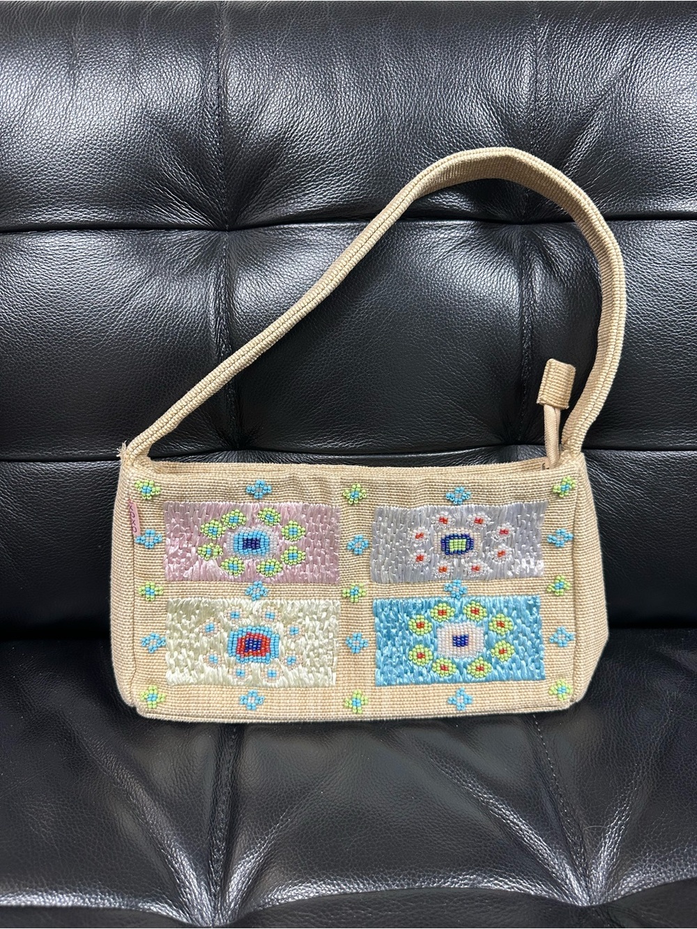 XOXO Beige Beaded and Patchwork Shoulder Bag